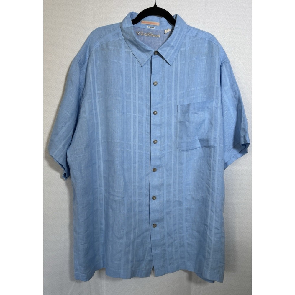 Caribbean Joe Shirt Size 2XB Light Blue textured stripe Short Sleeve‎ linen